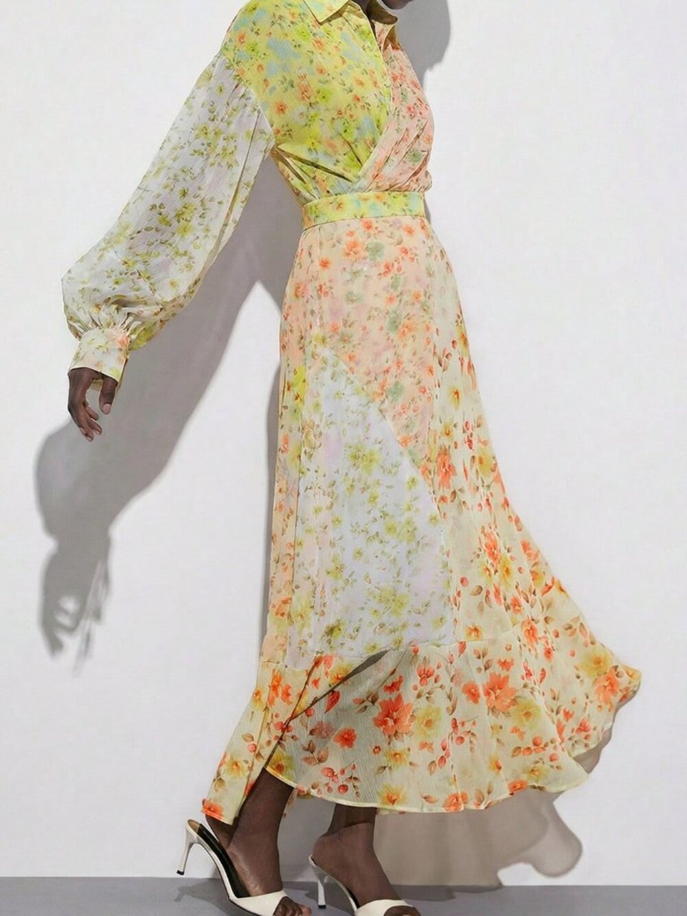 Multicolor Boho Women's Chiffon Gradient Floral Print Long Sleeve Dress - Picture 5 of 7